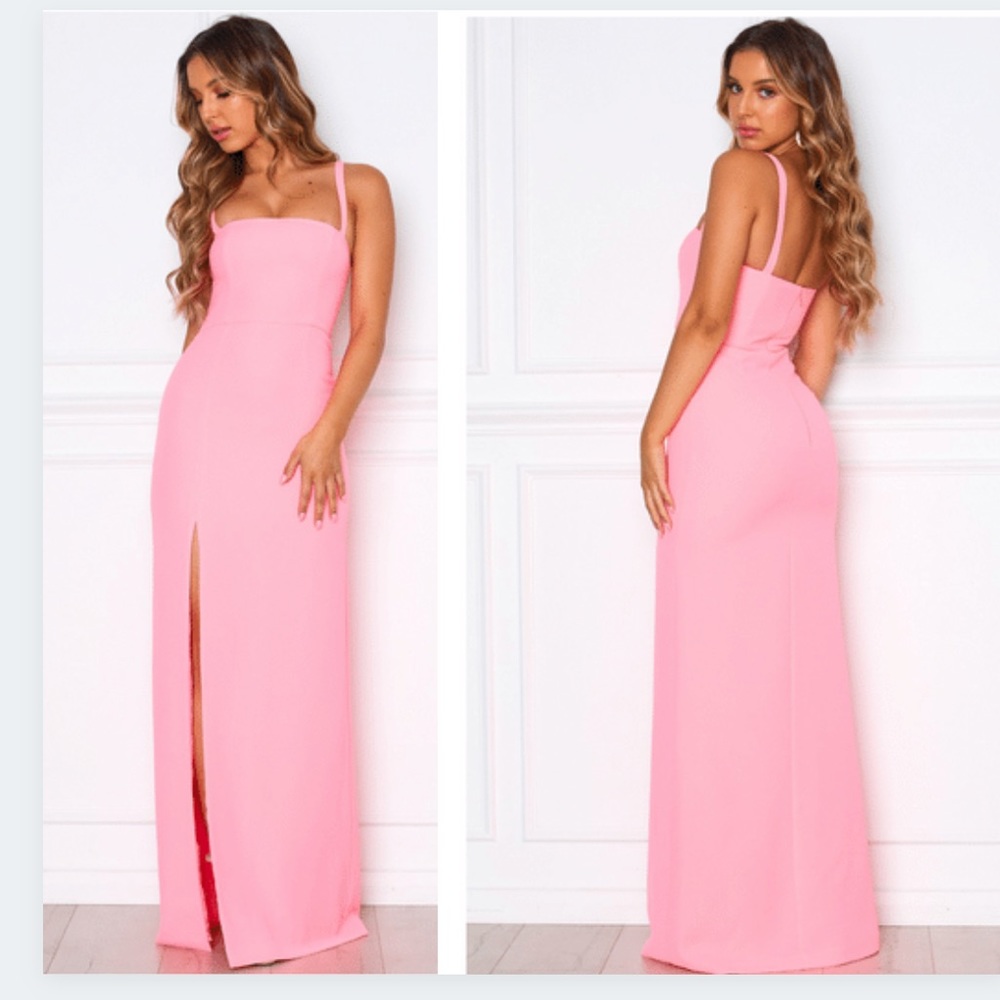 NWT White fox neon pink long gown prom dress side slit maxi new with tags small